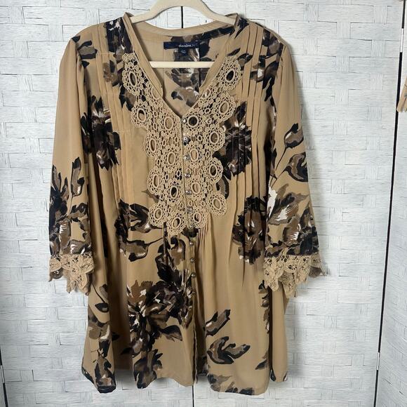 Diamond 24/7 floral Bohemian tunic 3/4 sleeve lace pit tuck plates plus size - Picture 1 of 10